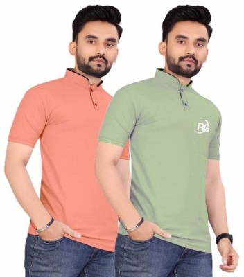 rggarment Self Design, Solid, Colorblock Men Mandarin Collar Pink, Light Green T-Shirt