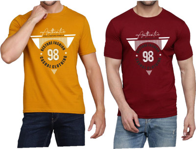 WOOSTRO Printed Men Round Neck Brown, Maroon T-Shirt