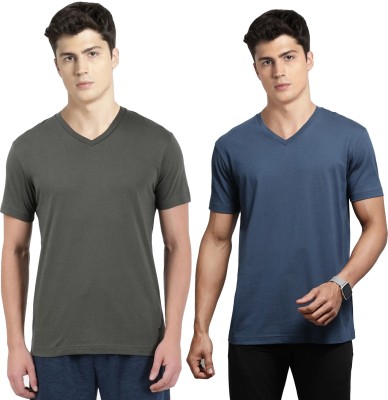 JOCKEY Solid Men V Neck Dark Green, Dark Blue T-Shirt