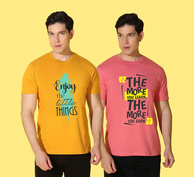 WOOSTRO Printed Men Round Neck Pink, Yellow T-Shirt
