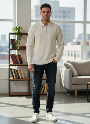 BANSII Self Design Men Zip Neck Beige T-Shirt