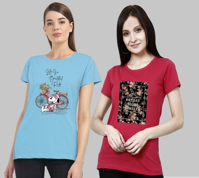 CHOZI Printed Women Round Neck Light Blue, Maroon T-Shirt