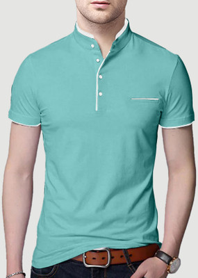 AUSK Solid Men Mandarin Collar Light Blue T-Shirt