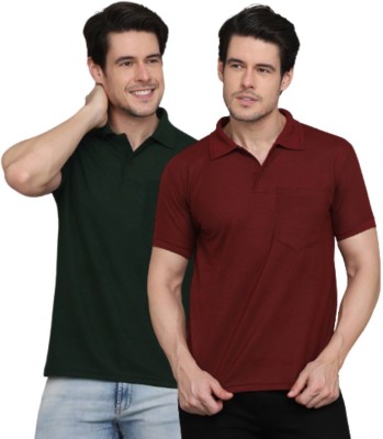 INKKR Solid Men Polo Neck Green, Maroon T-Shirt