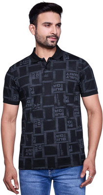 m2hit Printed Men Polo Neck Black T-Shirt