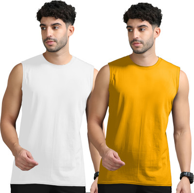 Moordale Solid Men Round Neck White, Yellow T-Shirt