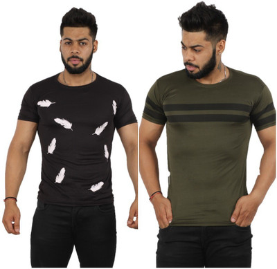 Oishee Printed Men Round Neck Dark Green, Black T-Shirt