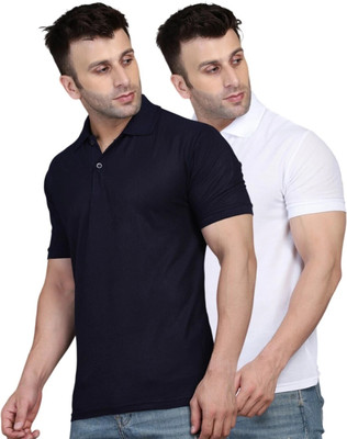 INKKR Solid Men Polo Neck Navy Blue, White T-Shirt