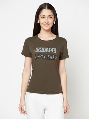 CANTABIL Printed Women Round Neck Green T-Shirt