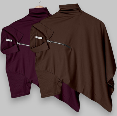 PRAIZY Self Design Men Zip Neck Purple, Brown T-Shirt