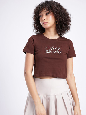 Glitchez Printed Women Round Neck Brown T-Shirt
