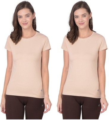 Comfort Lady Solid Women Round Neck Beige T-Shirt