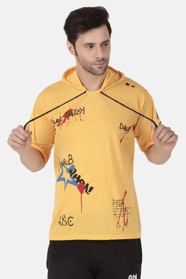 cnw Graphic Print Men Hooded Neck Yellow T-Shirt