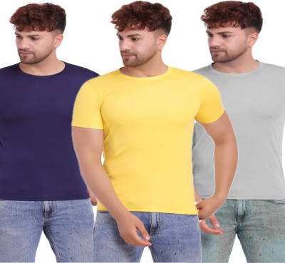 KASPY Solid Men Round Neck Grey, Yellow, Navy Blue T-Shirt