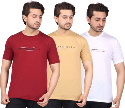 WILD ELEPHANT Printed Men Round Neck Maroon, Brown, White T-Shirt