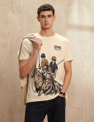 U.S. Polo Assn. Denim Co. Graphic Print Men Crew Neck Beige T-Shirt