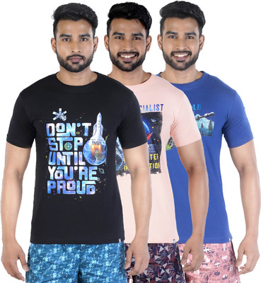COLORS by Rupa Frontline Printed Men Round Neck Black, Pink, Dark Blue T-Shirt