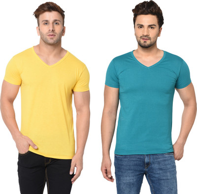 Tresna Fab Solid Men V Neck Yellow, Blue T-Shirt