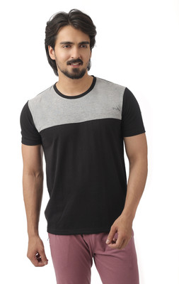 dloak Solid Men Stylised Neck Black, Grey T-Shirt