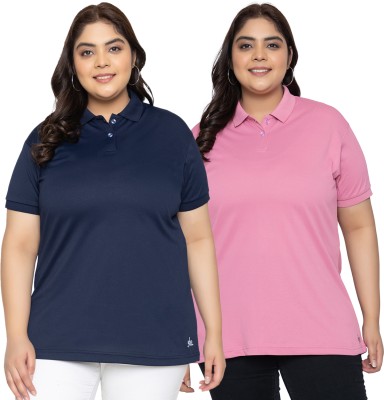 YHA Solid Women Polo Neck Navy Blue, Pink T-Shirt