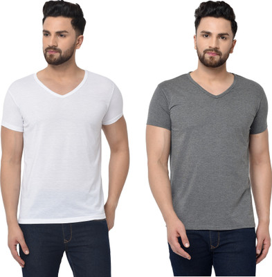 Tresna Fab Solid Men V Neck White, Grey T-Shirt