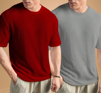 WAY TO TRENDY Solid, Self Design Men Round Neck Grey T-Shirt