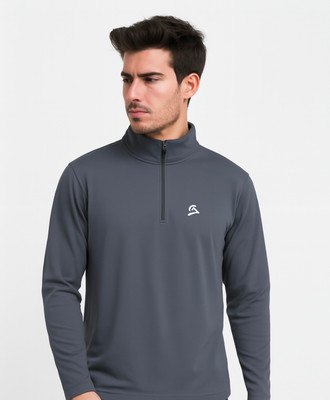 HILL7 Solid Men Zip Neck Grey T-Shirt