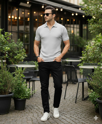 The Stanch Self Design Men Polo Neck Grey T-Shirt