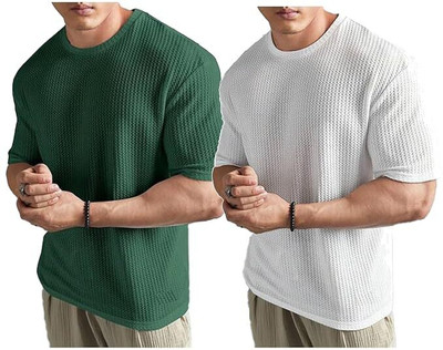 At Last Fashion Self Design Men Round Neck White, Green T-Shirt