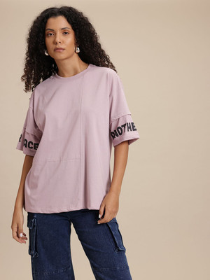 Roadster Printed Women Round Neck Purple T-Shirt