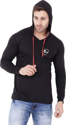 BEYOU FASHION Solid Men Hooded Neck Black T-Shirt