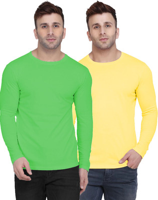Kroptee Solid Men Round Neck Green, Yellow T-Shirt