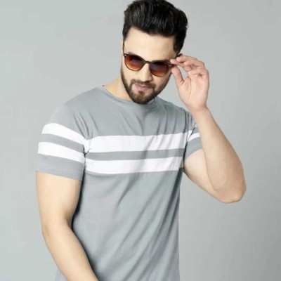 Bhrosa Striped Men Round Neck Grey, White T-Shirt