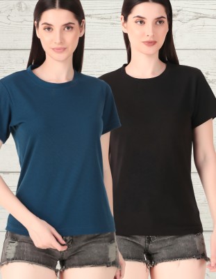 HILFIRE REGION Solid Women Round Neck Black, Dark Blue T-Shirt