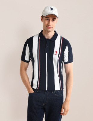 U.S. POLO ASSN. Striped Men Polo Neck Blue T-Shirt