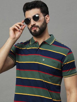 UNNIBERRY Striped Men Polo Neck Dark Blue T-Shirt