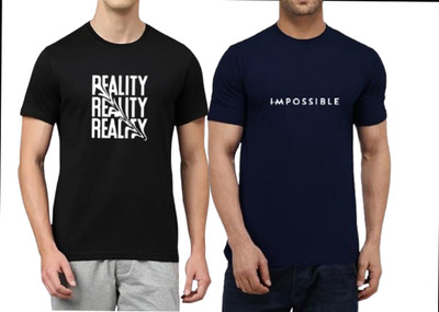 KNETLY Printed Men Round Neck Black, Navy Blue T-Shirt