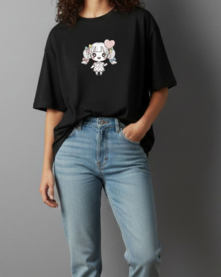 LuxeApe Printed Women Round Neck Black T-Shirt