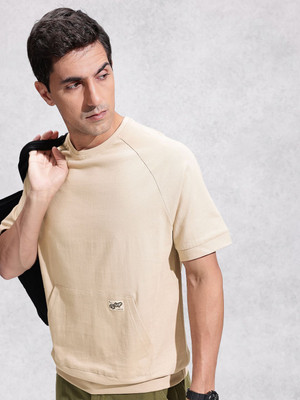 WROGN Solid Men Round Neck Beige T-Shirt