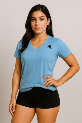 ANTUM Solid Women V Neck Light Blue T-Shirt