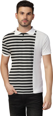 tfurnish Striped Men Polo Neck Black T-Shirt