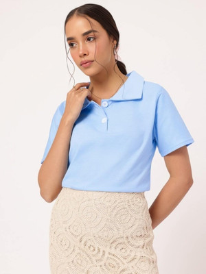 PERFECT PRODUCTIONS Solid Women Polo Neck Light Blue T-Shirt