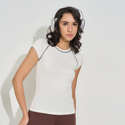 Ajile By Pantaloons Solid Women Round Neck White T-Shirt