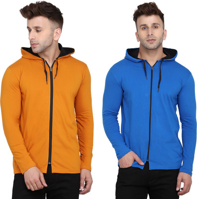 GEUM Solid Men Hooded Neck Gold, Blue T-Shirt