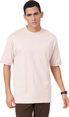 Zulements Solid Men Round Neck Beige T-Shirt