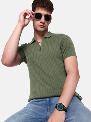 Roadster Self Design Men Polo Neck Green T-Shirt