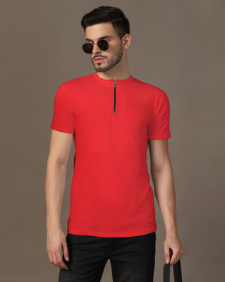 GEUM Solid Men Henley Neck Red T-Shirt