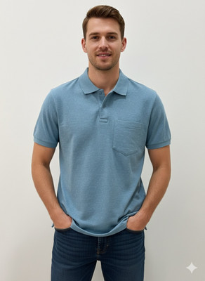Mno Solid Men Polo Neck Blue T-Shirt