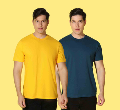 WOOSTRO Solid, Printed Men Round Neck Yellow, Blue T-Shirt