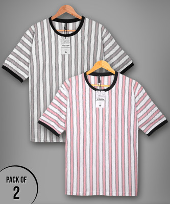 WOXEN Striped Men Round Neck Beige, Pink T-Shirt